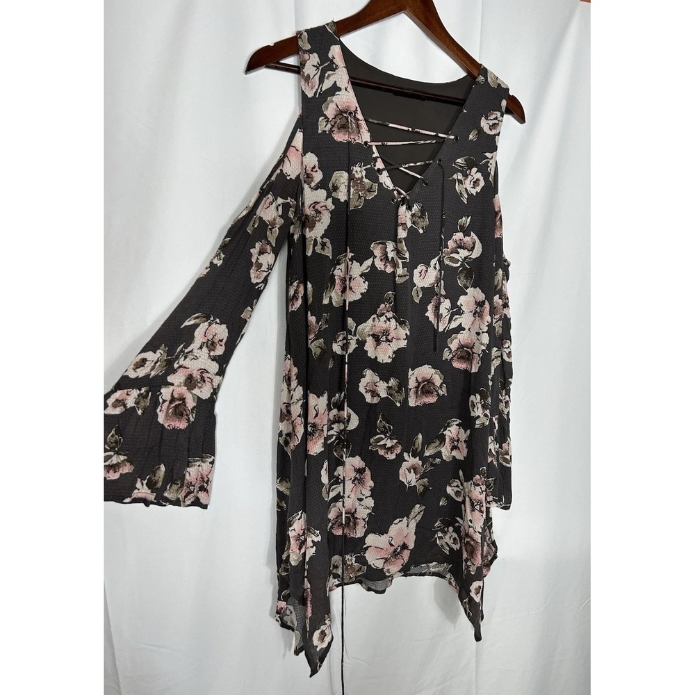 Blu Pepper Womens Brown Dark Floral Dress Bell Sleeve Boho Romantic Femme Size M
